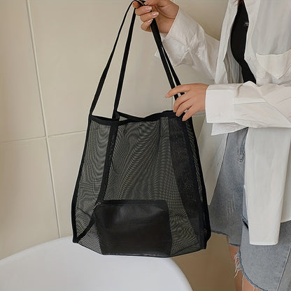 大容量 メッシュ ビーチバッグ 折りたたみ トラベル収納バッグ インナーポーチ付き ポータブルショルダー