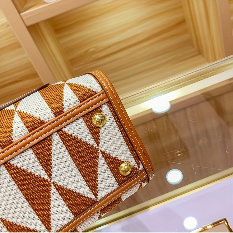 カーキ アーガイル幾何柄 カラーブロック ショルダーバッグ ファスナー付き ポータブルハンドル クロスボディ 大容量 エレガント ハンドバッグ レディース