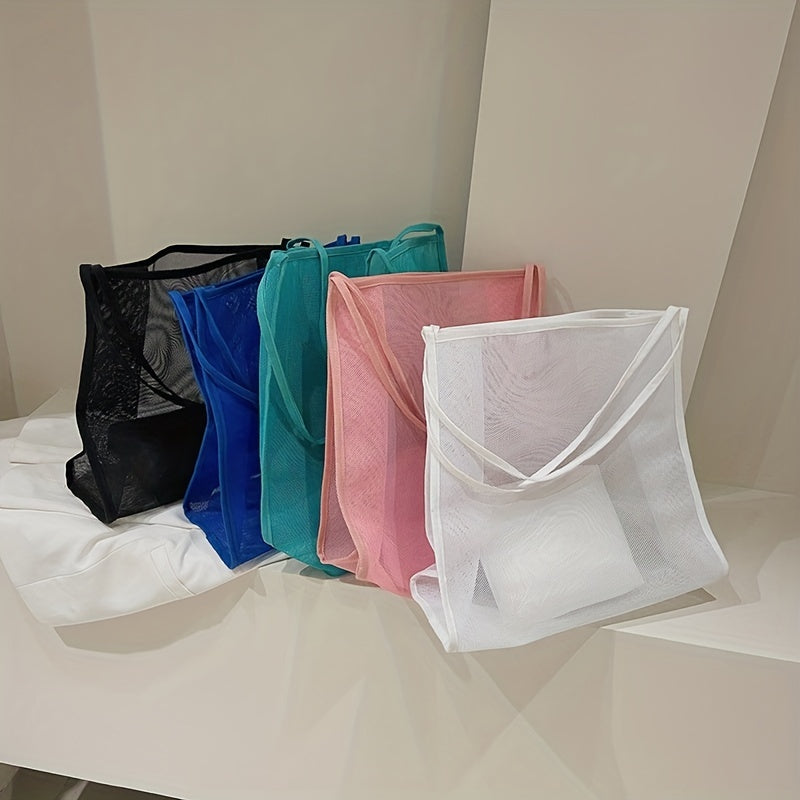 大容量 メッシュ ビーチバッグ 折りたたみ トラベル収納バッグ インナーポーチ付き ポータブルショルダー