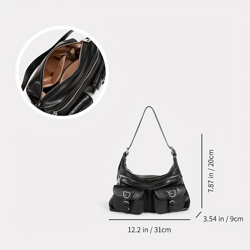 TOUTOU レトロスタイル ホーボーバッグ Y2K ポケットデザイン フロントショルダー レディース 大容量 クロスボディバッグ