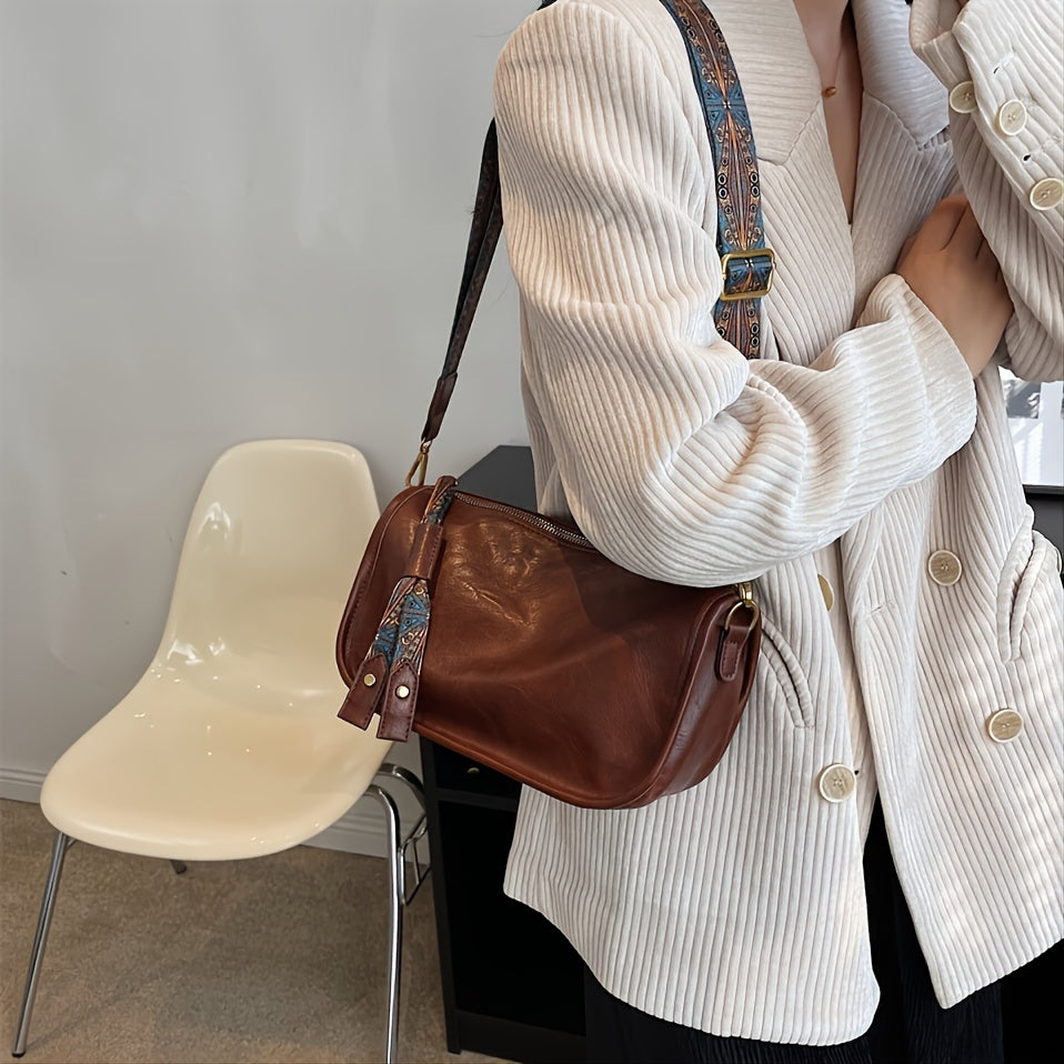 レトロスタイル ショルダーバッグ ファスナー付き メッセンジャーバッグ レディース フェイクレザー クロスボディ