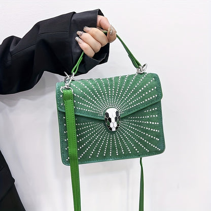 ラインストーン装飾 ハンドバッグ スネークヘッドバックル クロスボディバッグ レディース 小さめ フラップスクエア