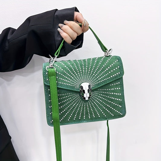 ラインストーン装飾 ハンドバッグ スネークヘッドバックル クロスボディバッグ レディース 小さめ フラップスクエア