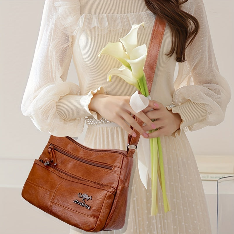 レター装飾 ショルダーバッグ 大容量 フェイクレザー クロスボディ 通勤・旅行向け シンプル ファスナーバッグ