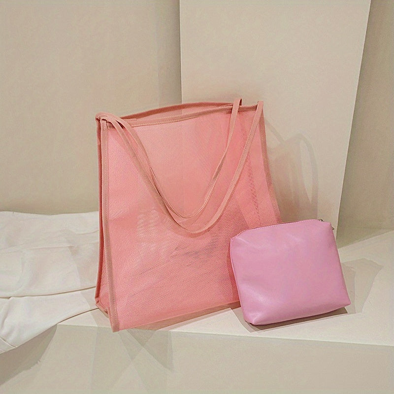 大容量 メッシュ ビーチバッグ 折りたたみ トラベル収納バッグ インナーポーチ付き ポータブルショルダー