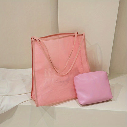 大容量 メッシュ ビーチバッグ 折りたたみ トラベル収納バッグ インナーポーチ付き ポータブルショルダー