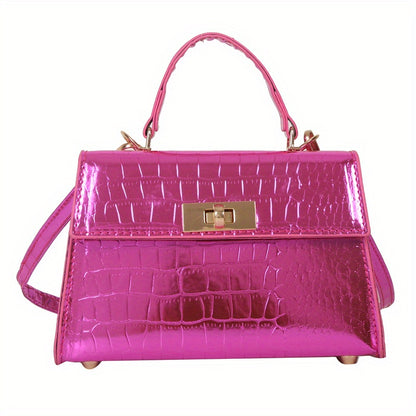 メタリック クロコ型押し ハンドバッグ ターンロック クロスボディバッグ レディース PUレザー フラップデザイン