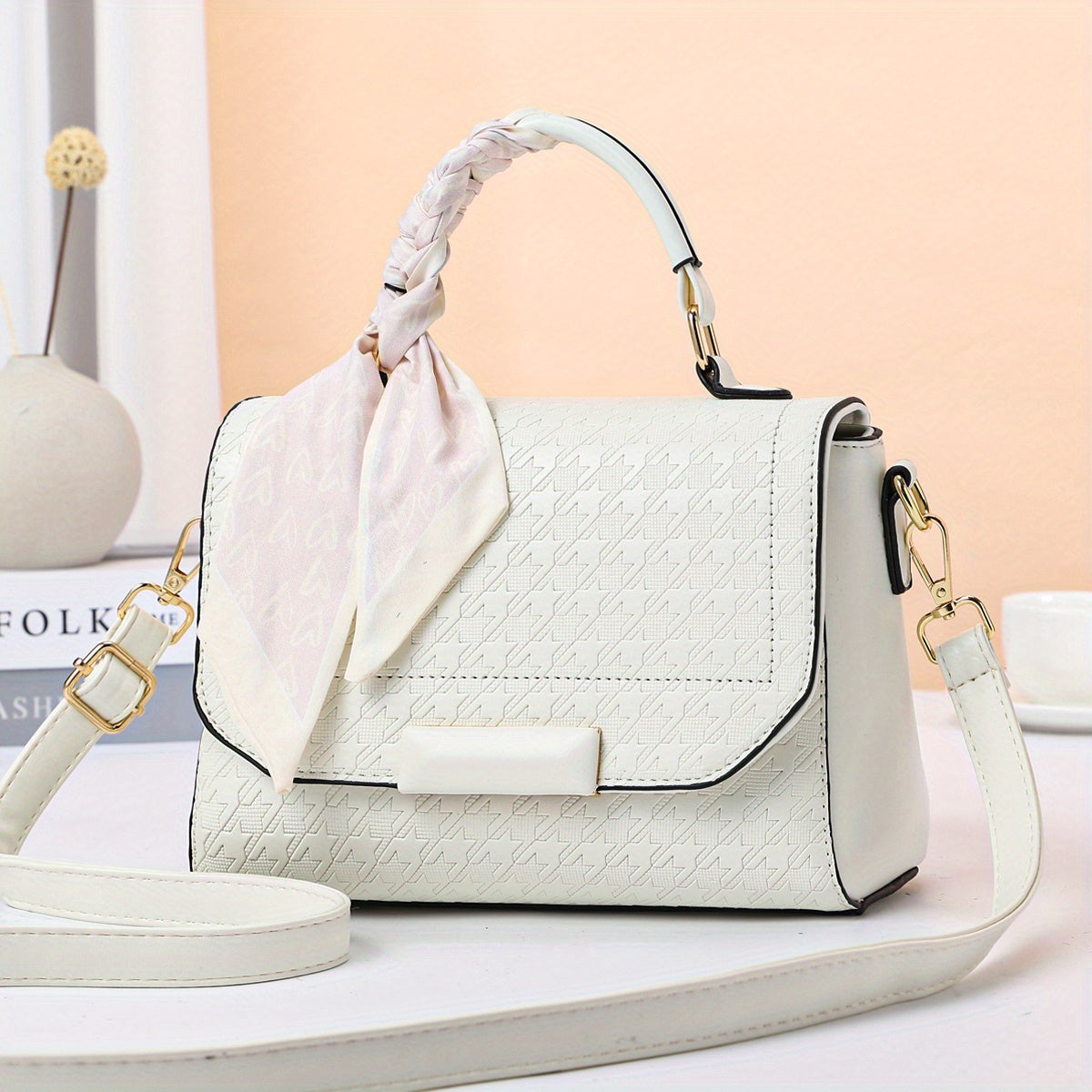 千鳥格子 メッセンジャーバッグ スカーフデザイン PUレザー クロスボディ 万能 通勤用 レディースハンドバッグ