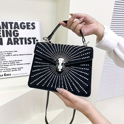 ラインストーン装飾 ハンドバッグ スネークヘッドバックル クロスボディバッグ レディース 小さめ フラップスクエア