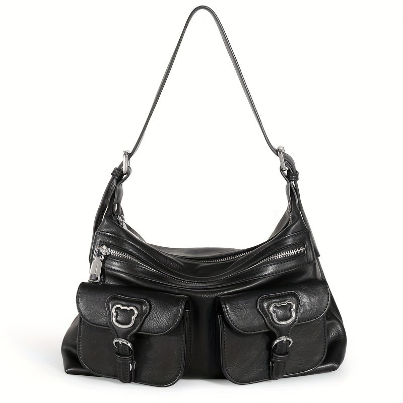 TOUTOU レトロスタイル ホーボーバッグ Y2K ポケットデザイン フロントショルダー レディース 大容量 クロスボディバッグ