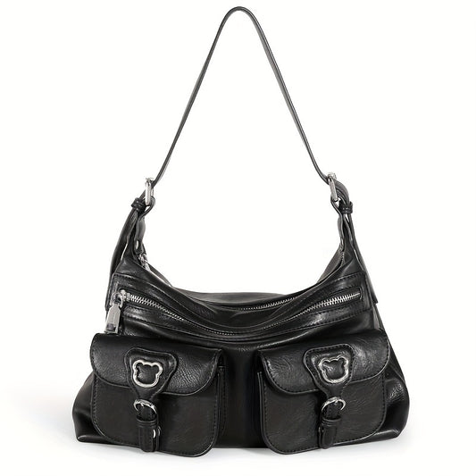 TOUTOU レトロスタイル ホーボーバッグ Y2K ポケットデザイン フロントショルダー レディース 大容量 クロスボディバッグ