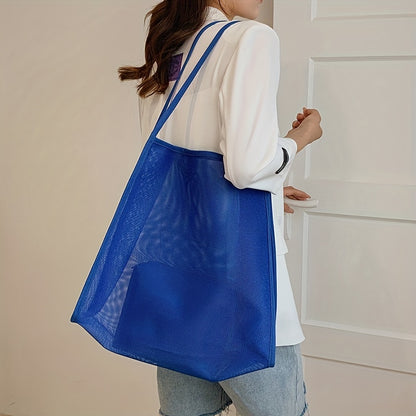 大容量 メッシュ ビーチバッグ 折りたたみ トラベル収納バッグ インナーポーチ付き ポータブルショルダー