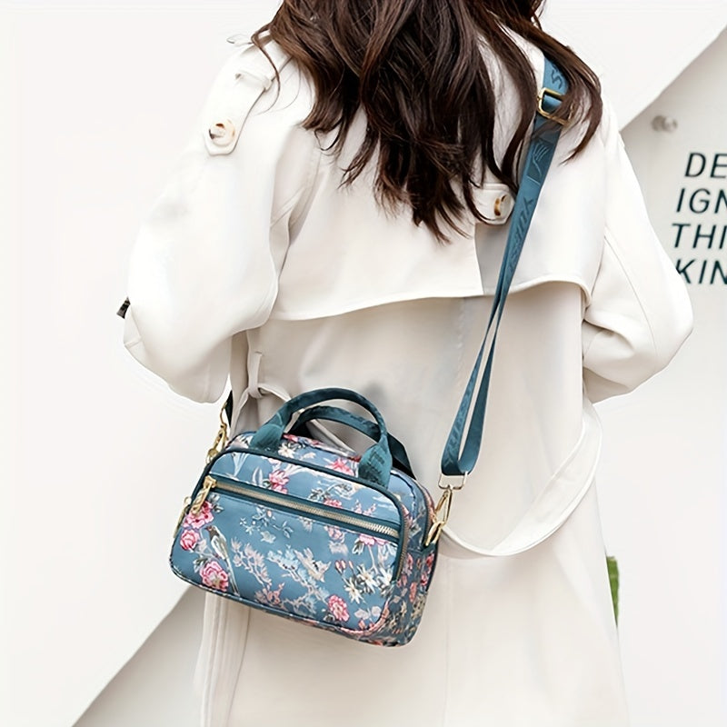全面ヴィンテージ柄 サッチェルバッグ 軽量 ファスナー収納バッグ 通学にも使える 多用途レディースバッグ