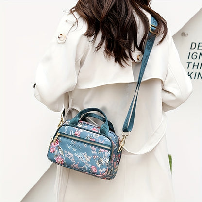 全面ヴィンテージ柄 サッチェルバッグ 軽量 ファスナー収納バッグ 通学にも使える 多用途レディースバッグ