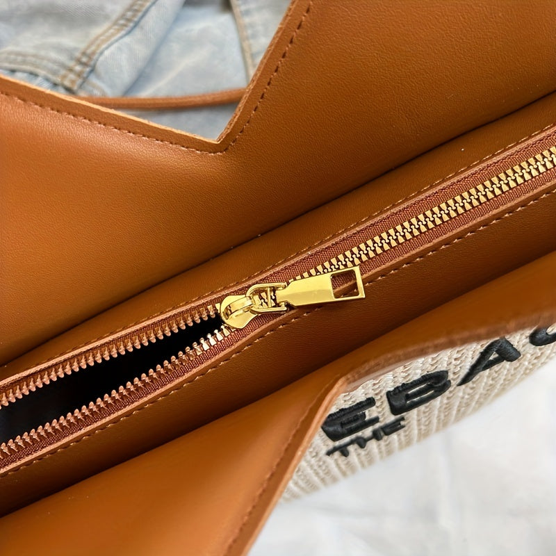 トレンド 編み込み トートバッグ レター柄 ストローショルダーバッグ ショッピング・ビーチに使える レディースバッグ