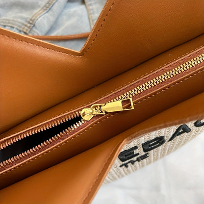 トレンド 編み込み トートバッグ レター柄 ストローショルダーバッグ ショッピング・ビーチに使える レディースバッグ