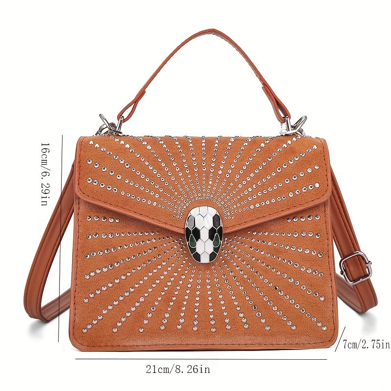 ラインストーン装飾 ハンドバッグ スネークヘッドバックル クロスボディバッグ レディース 小さめ フラップスクエア