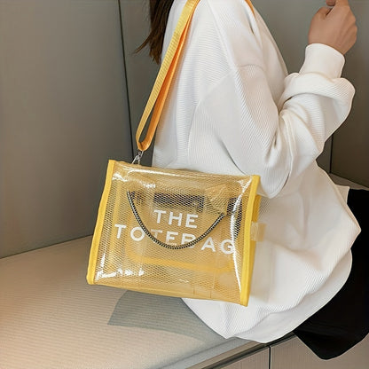 クリアトートバッグ レディース メッシュデザイン サマービーチバッグ トレンドPVC クロスボディ 旅行用