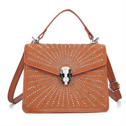 ラインストーン装飾 ハンドバッグ スネークヘッドバックル クロスボディバッグ レディース 小さめ フラップスクエア