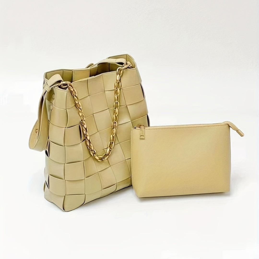 2点セット 編み込みバケットバッグ 大容量 ショルダーバッグ チェーン付き インナーポーチ ハンドバッグ