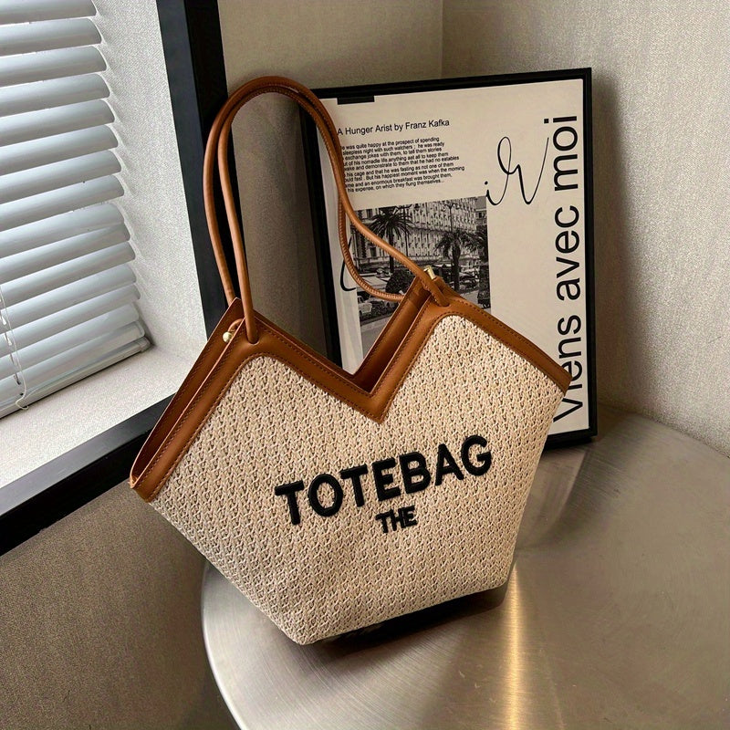 トレンド 編み込み トートバッグ レター柄 ストローショルダーバッグ ショッピング・ビーチに使える レディースバッグ