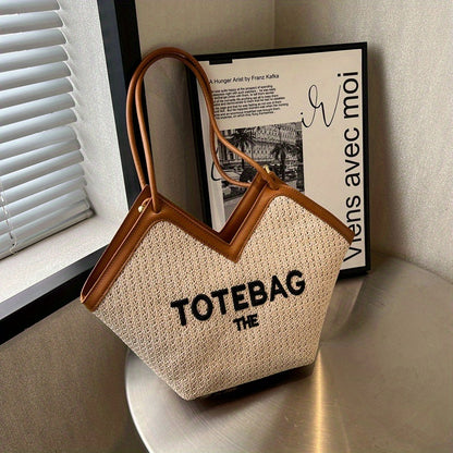 トレンド 編み込み トートバッグ レター柄 ストローショルダーバッグ ショッピング・ビーチに使える レディースバッグ