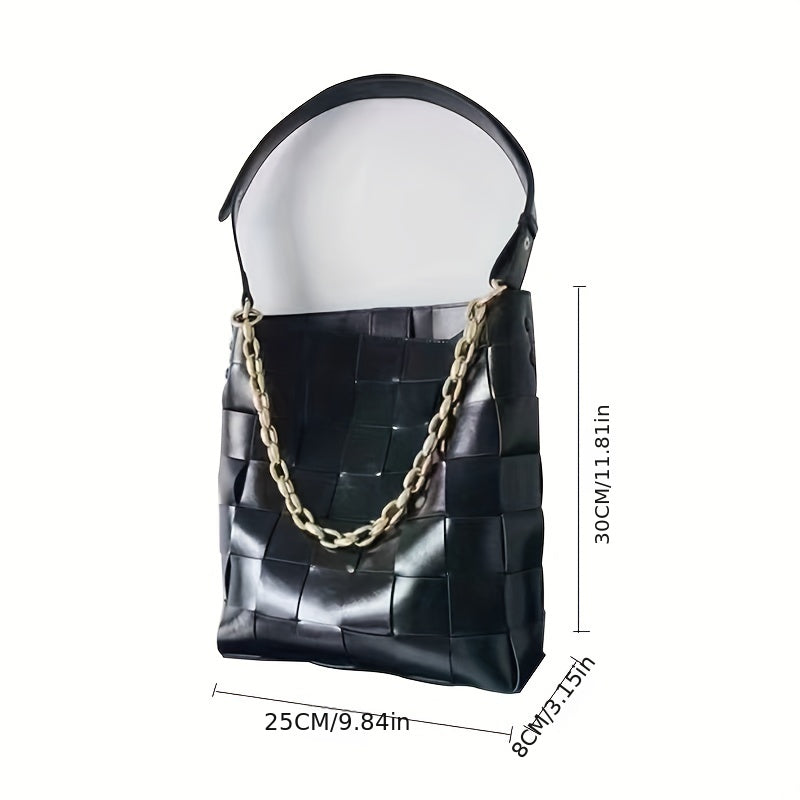 2点セット 編み込みバケットバッグ 大容量 ショルダーバッグ チェーン付き インナーポーチ ハンドバッグ