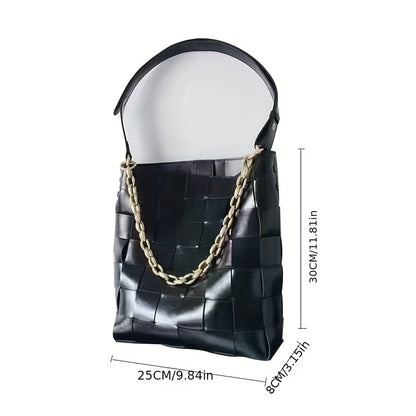 2点セット 編み込みバケットバッグ 大容量 ショルダーバッグ チェーン付き インナーポーチ ハンドバッグ