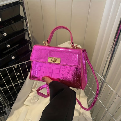 メタリック クロコ型押し ハンドバッグ ターンロック クロスボディバッグ レディース PUレザー フラップデザイン