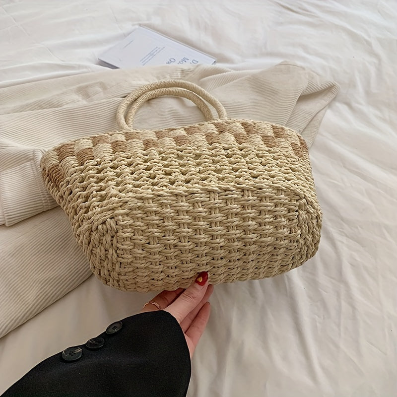 カラーブロック かご風トートサッチェル 軽量 シンプル ハンドバッグ 旅行・ビーチに使える 多用途バッグ