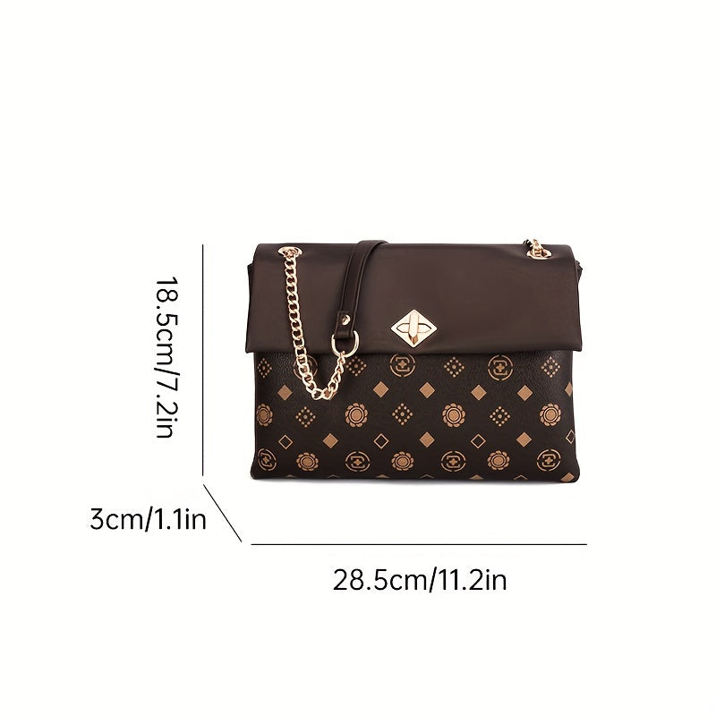 プリント チェーン クロスボディバッグ レディース ターンロック フラップバッグ カジュアル スクエアショルダー