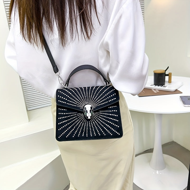 ラインストーン装飾 ハンドバッグ スネークヘッドバックル クロスボディバッグ レディース 小さめ フラップスクエア
