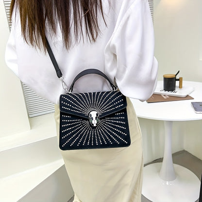 ラインストーン装飾 ハンドバッグ スネークヘッドバックル クロスボディバッグ レディース 小さめ フラップスクエア