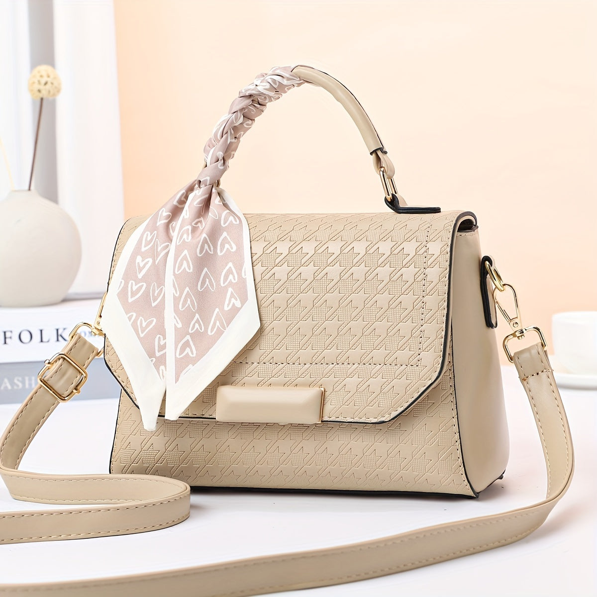 千鳥格子 メッセンジャーバッグ スカーフデザイン PUレザー クロスボディ 万能 通勤用 レディースハンドバッグ