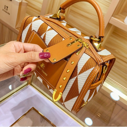 カーキ アーガイル幾何柄 カラーブロック ショルダーバッグ ファスナー付き ポータブルハンドル クロスボディ 大容量 エレガント ハンドバッグ レディース