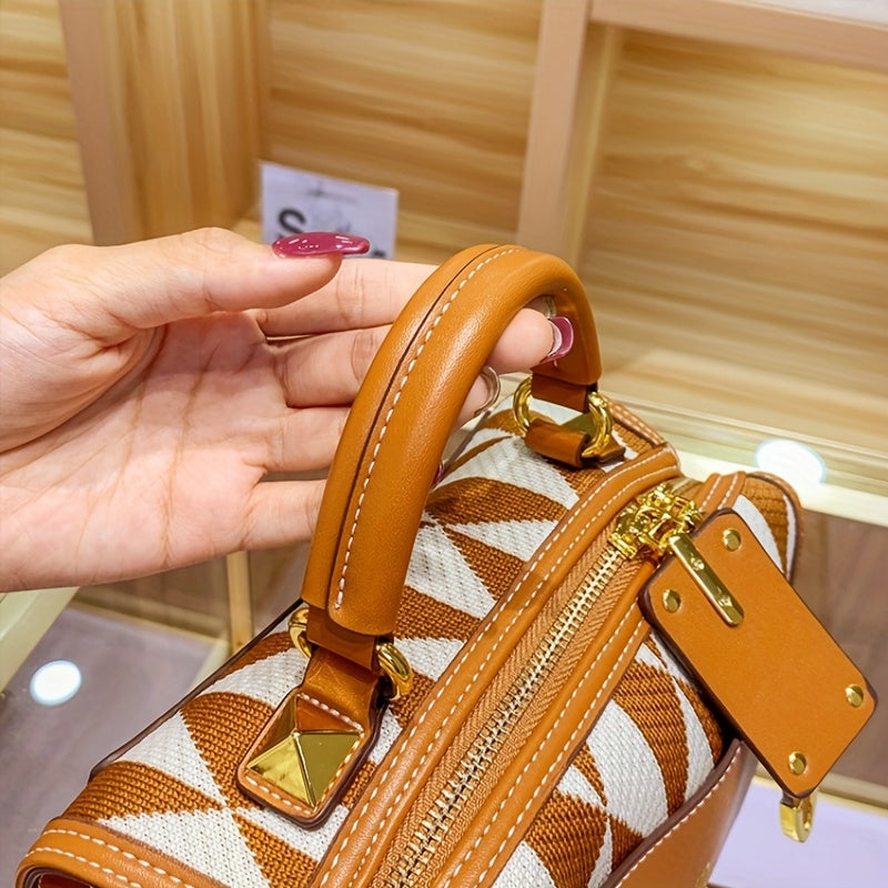 カーキ アーガイル幾何柄 カラーブロック ショルダーバッグ ファスナー付き ポータブルハンドル クロスボディ 大容量 エレガント ハンドバッグ レディース