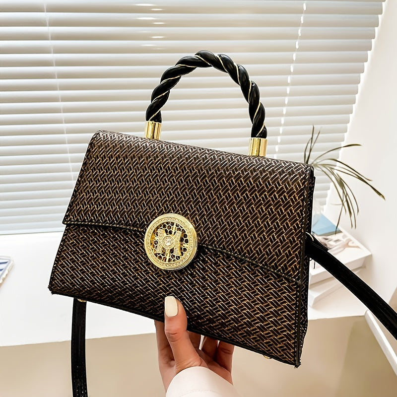 編み込みデザイン ハンドバッグ トレンド PUレザー フラップバッグ バックル装飾 レディース クロスボディ