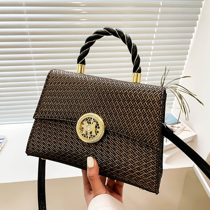 編み込みデザイン ハンドバッグ トレンド PUレザー フラップバッグ バックル装飾 レディース クロスボディ