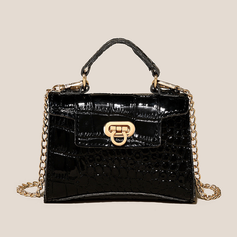 クロコ型押し ショルダーバッグ 無地 チェーンストラップ クロスボディ バックル装飾 トップハンドル レディースバッグ