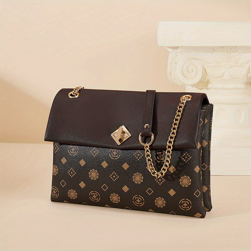 プリント チェーン クロスボディバッグ レディース ターンロック フラップバッグ カジュアル スクエアショルダー