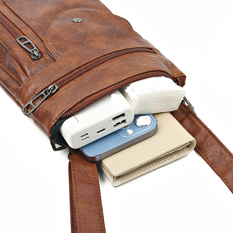 テクスチャー加工 クロスボディフォンバッグ オイルワックス風 フェイクレザー 多ポケット ファスナーショルダー レディース