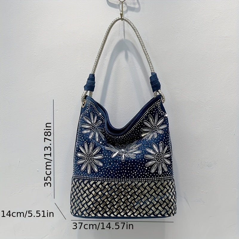 フラワー柄 ラインストーン装飾 ショルダーバッグ スタイリッシュ デニム バッグセット レディース どんなコーデにも合うバッグ