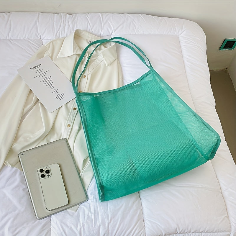 大容量 メッシュ ビーチバッグ 折りたたみ トラベル収納バッグ インナーポーチ付き ポータブルショルダー