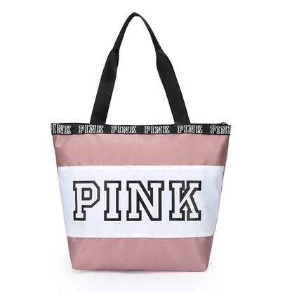 レディース ビーチトートバッグ ピンク カラーブロック ショルダーバッグ カジュアル トラベル ラゲッジバッグ