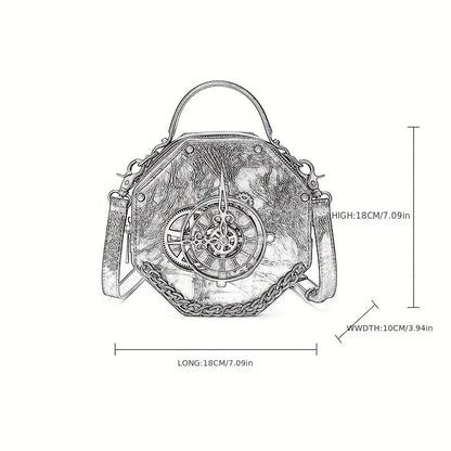 ヴィンテージ時計デザイン パンクショルダーバッグ レトロ ファスナーサッチェルバッグ レディース クラシックデザインバッグ