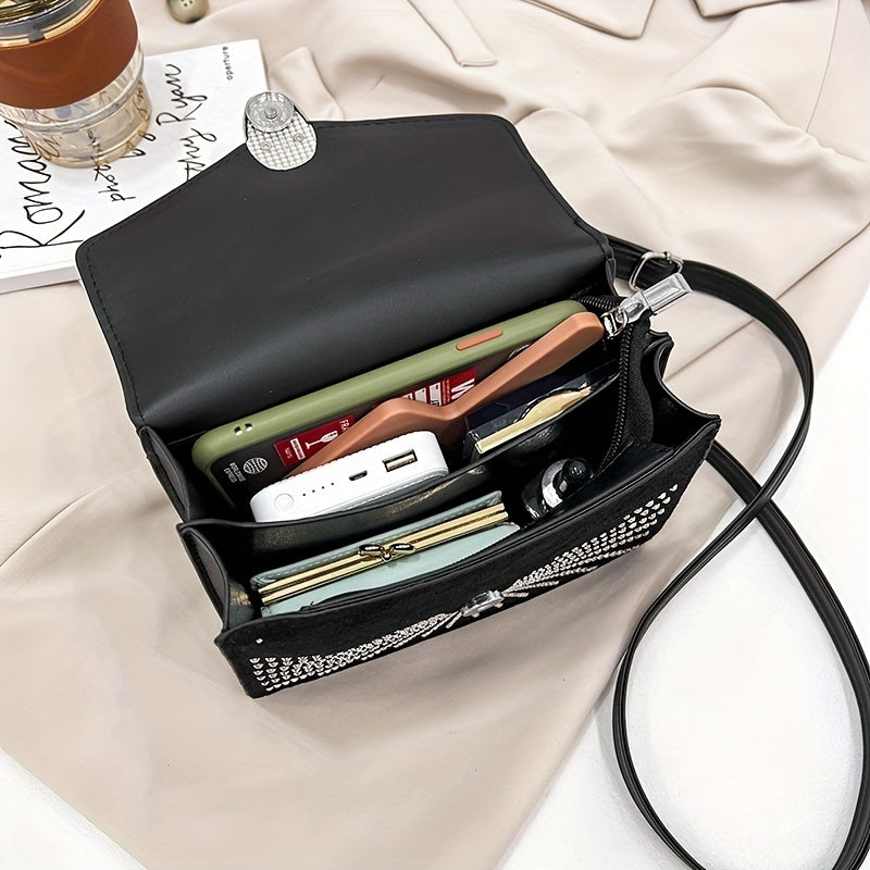 ラインストーン装飾 ハンドバッグ スネークヘッドバックル クロスボディバッグ レディース 小さめ フラップスクエア