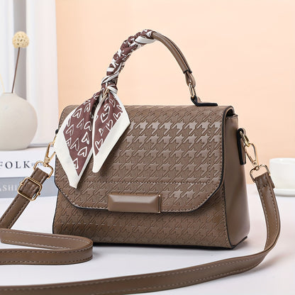 千鳥格子 メッセンジャーバッグ スカーフデザイン PUレザー クロスボディ 万能 通勤用 レディースハンドバッグ