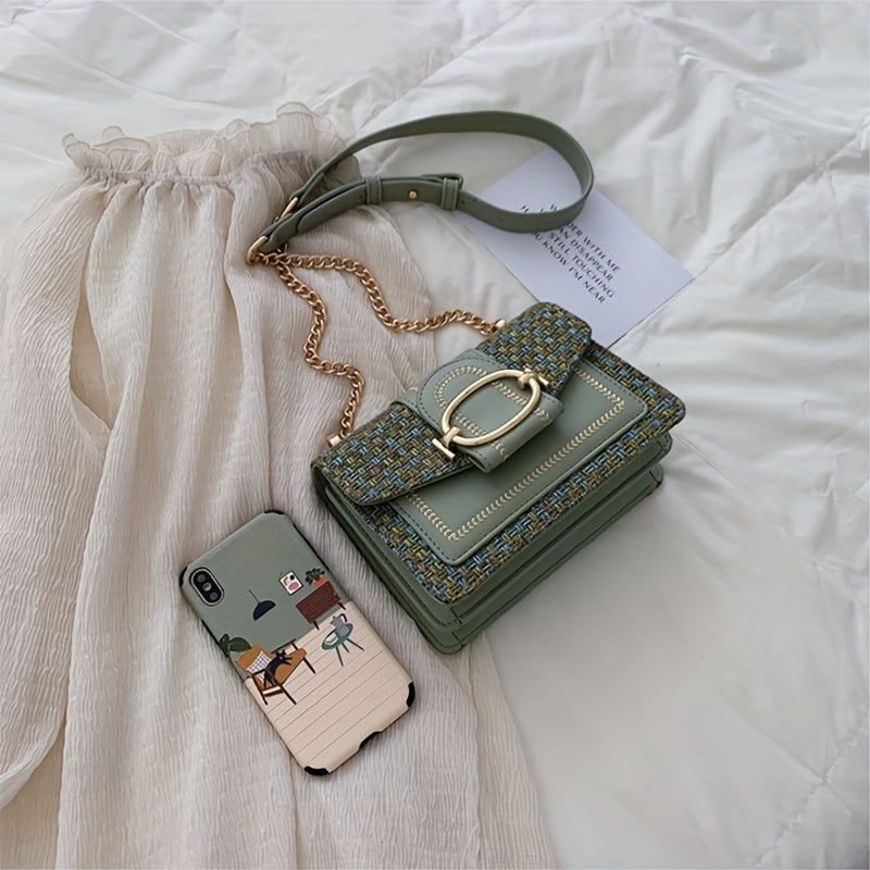 メタルチェーン スクエアカジュアルバッグ PUレザー ファッションショルダー 長さ調節可能 ミニクロスボディバッグ