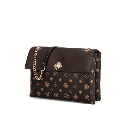 プリント チェーン クロスボディバッグ レディース ターンロック フラップバッグ カジュアル スクエアショルダー