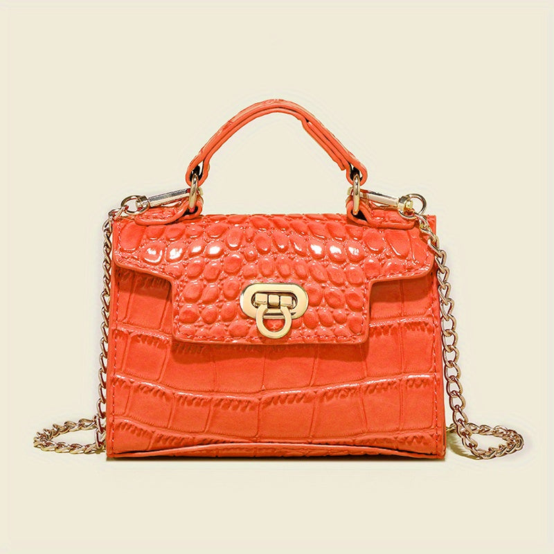 クロコ型押し ショルダーバッグ 無地 チェーンストラップ クロスボディ バックル装飾 トップハンドル レディースバッグ